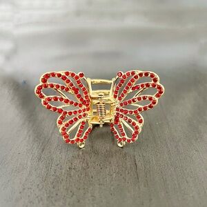 Butterfly Allover Cherry Red Rhinestone 2” Gold Metal Lobster Claw Hair Clip